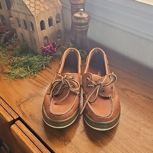 Brown Leather Sperry Topsiders Sz 5 Boat Shoes Olive Trim Like New Vintage Prep